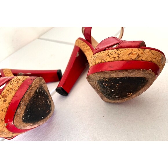 Prada Women's Shoes 6 Red Leather Peep Toe Ankle Strap Buckle Casual Sandal - Picture 7 of 10